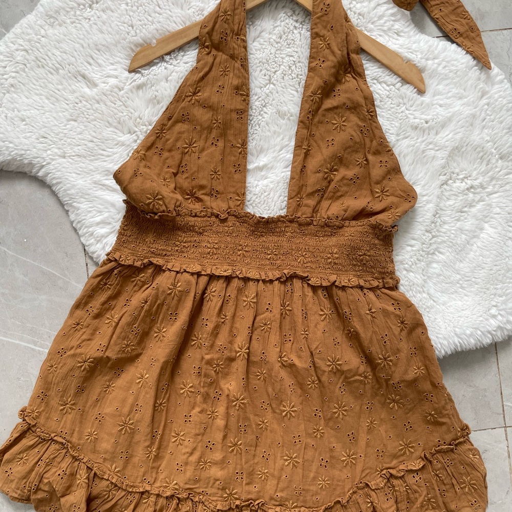 Aerie Tan Backless Halter Dress